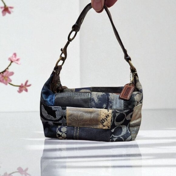 COACH Patchwork Denim Flower Print Accessory Pouch Mini Bag Indigo Canvas RARE - Picture 1 of 16